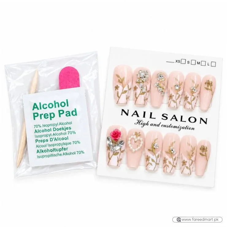 12 Pcs Press On Nails Set With Floral Design & Rhinestone Decoration | Reusable False Nails With Nail Prep Kit