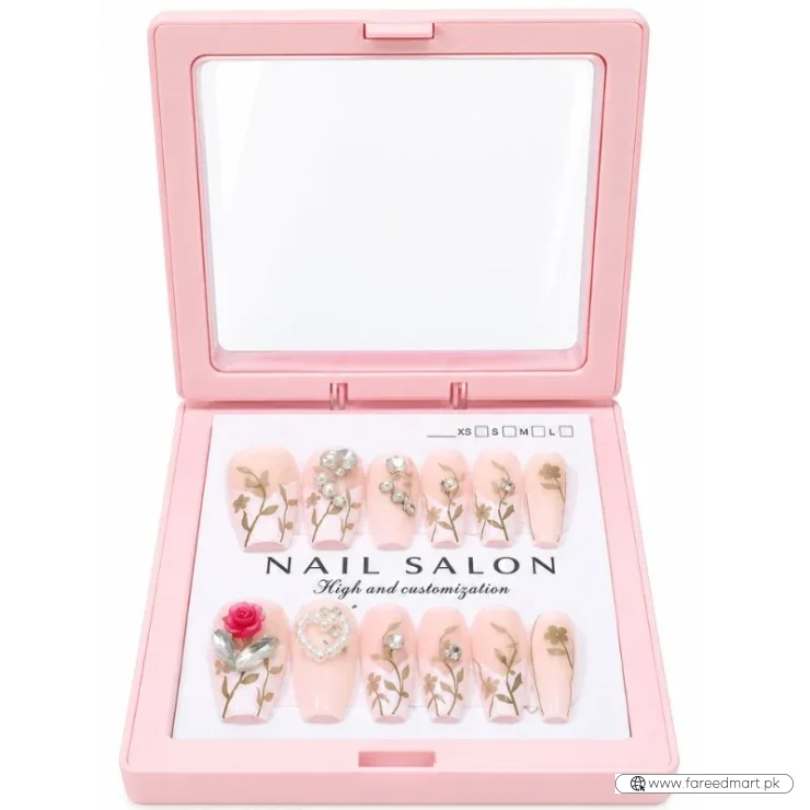 12 Pcs Press On Nails Set With Floral Design & Rhinestone Decoration | Reusable False Nails With Nail Prep Kit