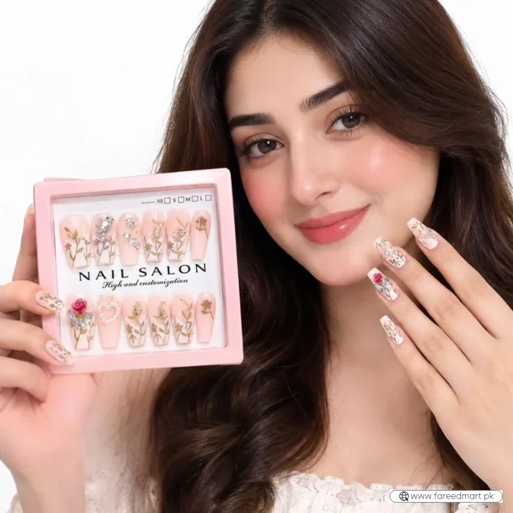 12 Pcs Press On Nails Set With Floral Design & Rhinestone Decoration | Reusable False Nails With Nail Prep Kit