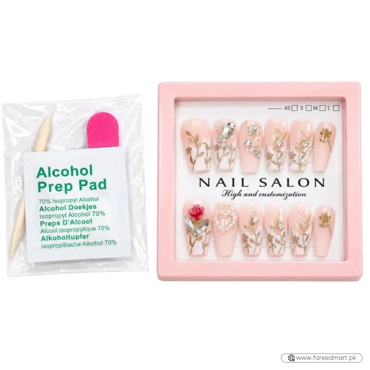 12 Pcs Press On Nails Set With Floral Design & Rhinestone Decoration | Reusable False Nails With Nail Prep Kit