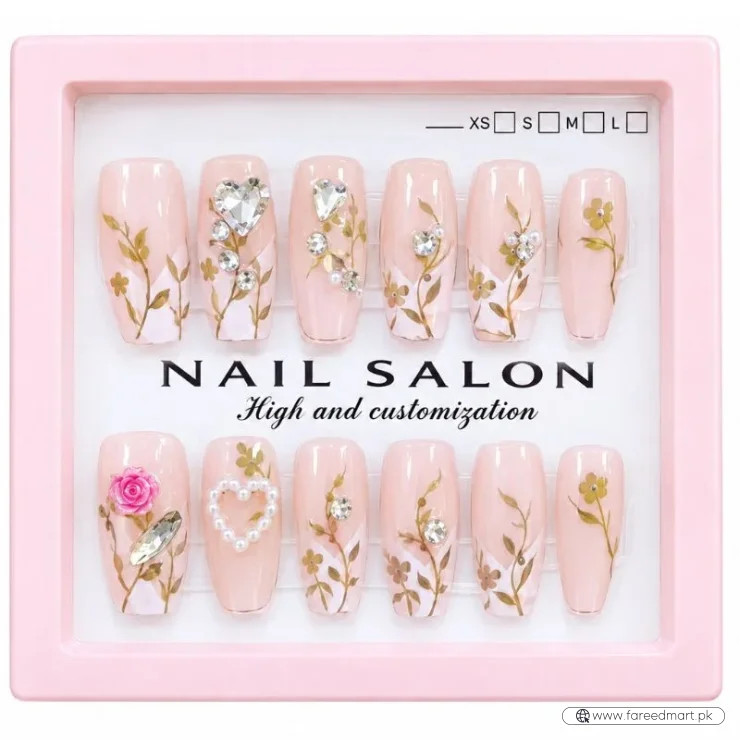 12 Pcs Press On Nails Set With Floral Design & Rhinestone Decoration | Reusable False Nails With Nail Prep Kit