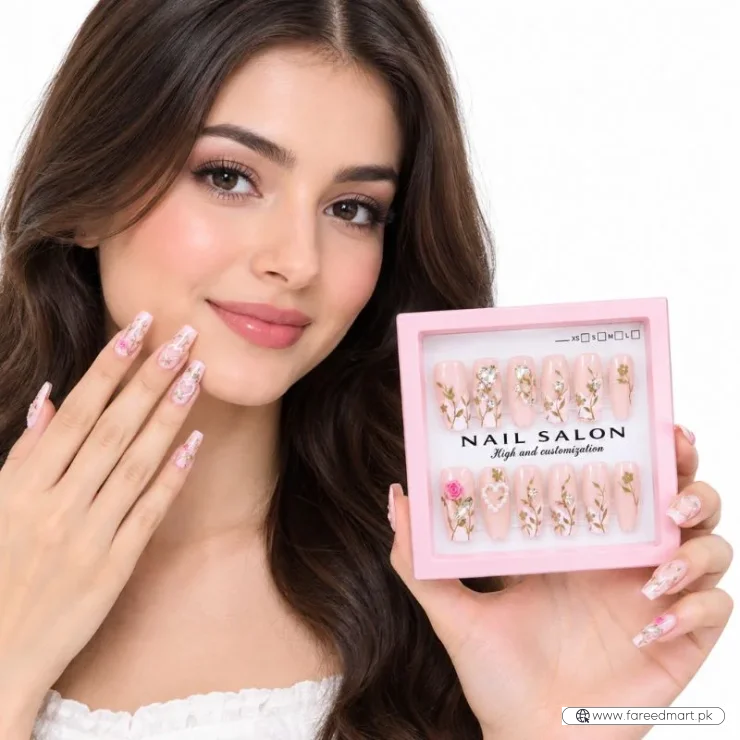 12 Pcs Press On Nails Set With Floral Design & Rhinestone Decoration | Reusable False Nails With Nail Prep Kit
