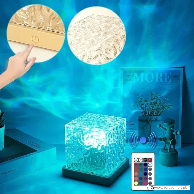 16 Colors Crystal Cube Ambient Light | RGB Water Ripple Lamp Projector with Remote Control | Dynamic Underwater Effect Mood Light for Bedroom, Living Room & Home Decor