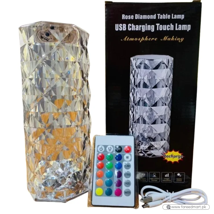 16 Colors Diamond Rose Crystal Touch Lamp | USB Rechargeable Bedside Lamp with Remote