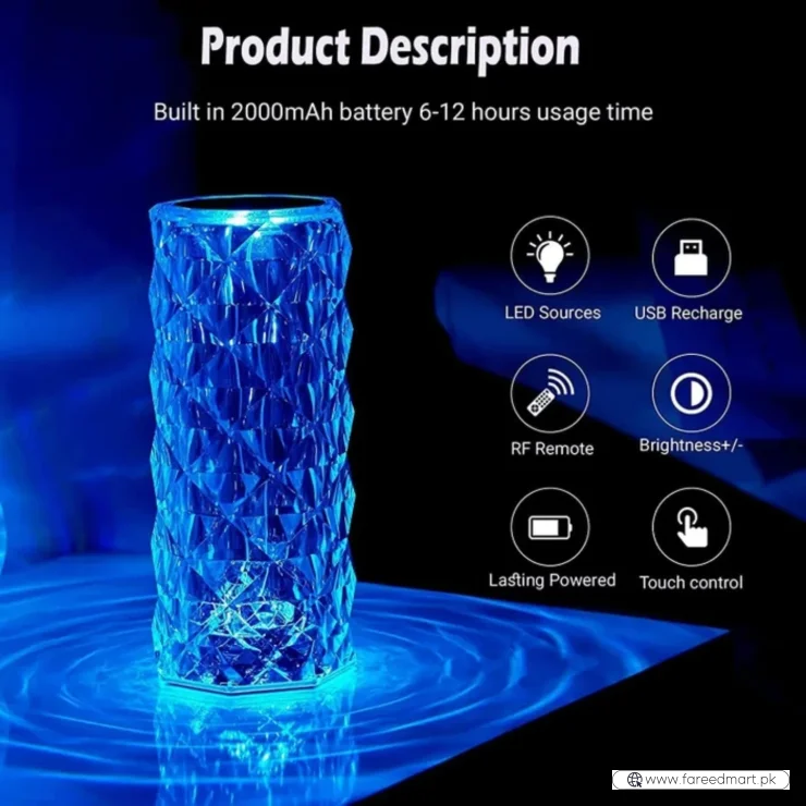 16 Colors Diamond Rose Crystal Touch Lamp | USB Rechargeable Bedside Lamp with Remote