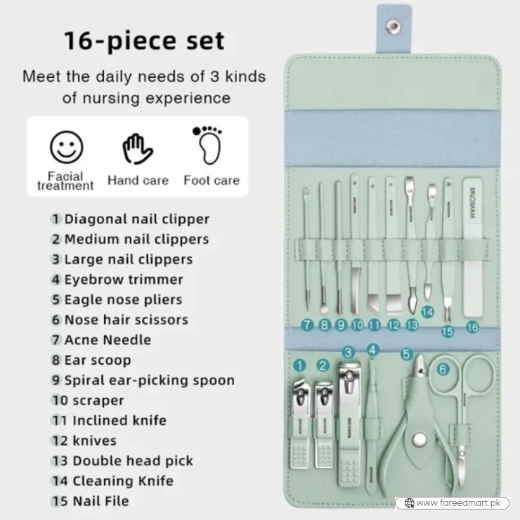 16 Pcs Stainless Steel Manicure & Pedicure Set | Travel Grooming Kit with Leather Case