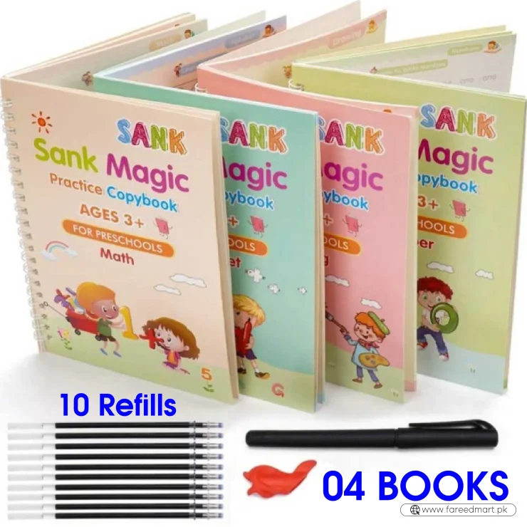 4 in 1 Sank Magic Book | Reusable Magic Practice Copy Book | 4 books + 1 Pen + 10 Refills +1 Grip