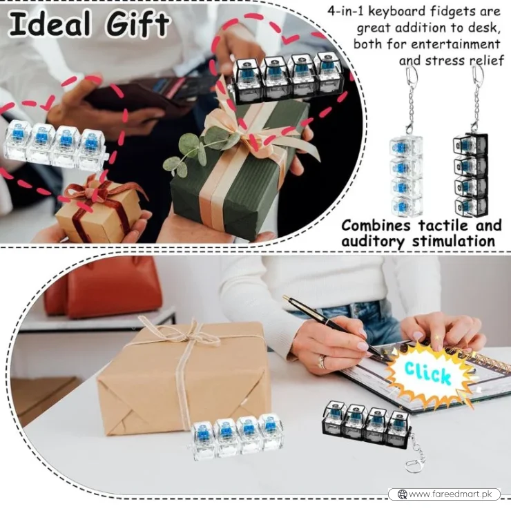 4-Key Mechanical Keyboard Clicker Keychain | Portable Mechanical Switch Fidget Toy | Stress Relief Finger Clicker | Tactile Keyboard Keychain with light  | Random Color