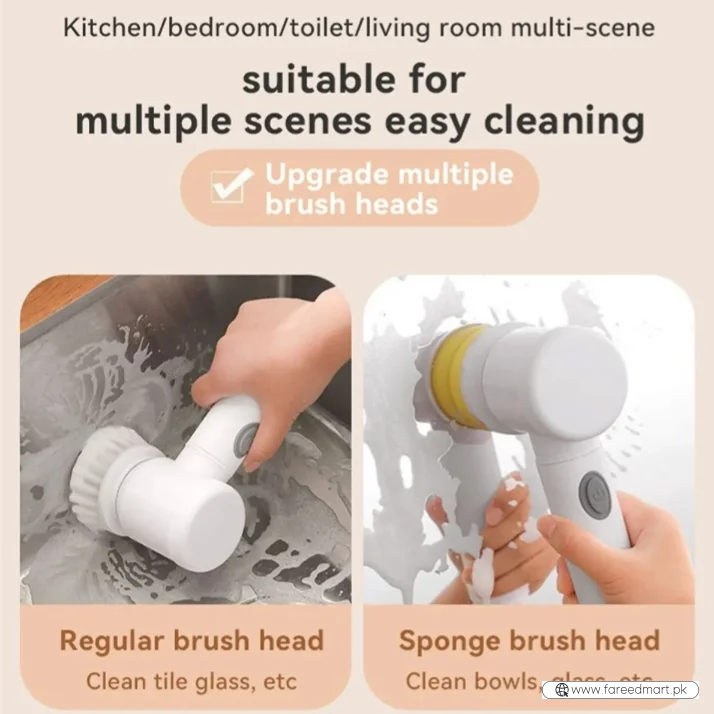 5-in-1 Rechargeable Magic Brush | Handheld Electric Scrubber | 360° Rotating with 3 Replaceable Multipurpose Brush Heads