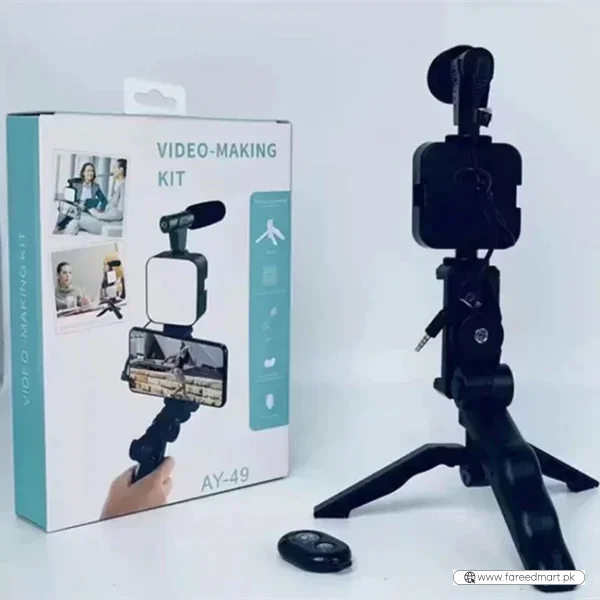 AY-49 Video Making Kit | All-in-One Vlogging Tripod with Wireless Remote, Microphone, LED Light & Mobile Holder