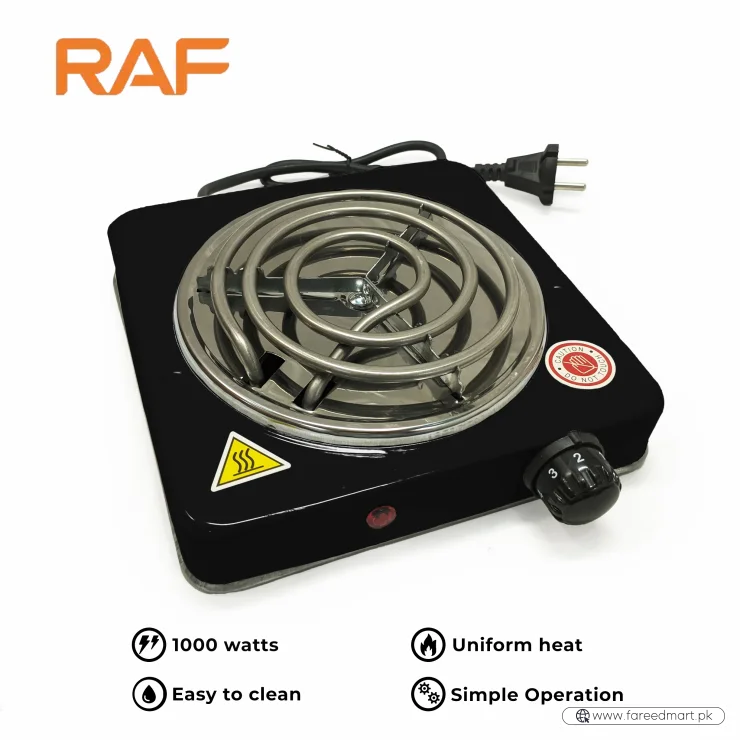 Black RAF R.8010B Electric Stove Hot Plate and Cooker with 1000W Power, Thermostat, and Uniform Heating