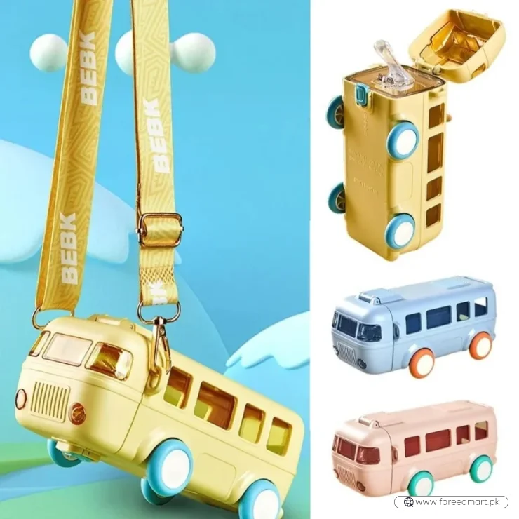 Bus Shape School Water Bottle | 500ml | With Strap | Cute & Leak-Proof | Random Color