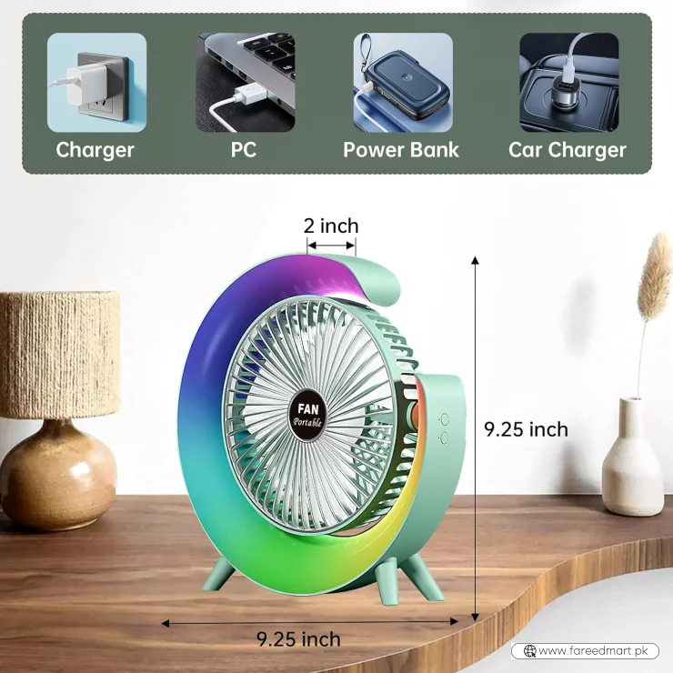 Colorful USB Rechargeable Desktop Fan | Silent Cooling, LED Ambient Light, 3-Speed Rotation
