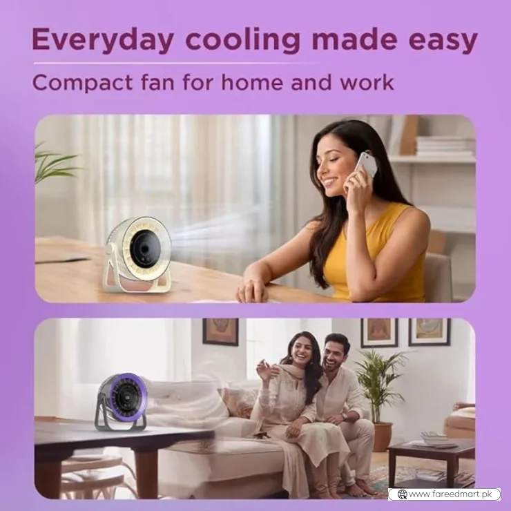 Desktop Circular Rechargeable Fan with 360° Adjustable Airflow | Model QL-02 | Quiet Personal Cooling Fan for Home, Office & Bedroom | Random Color