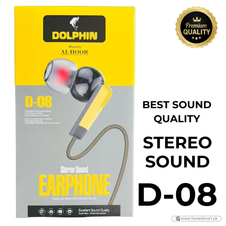 Dolphin D-08 Handsfree | Stereo Sound Earphones | Noise-Cancellation with Mic & Inline Controls