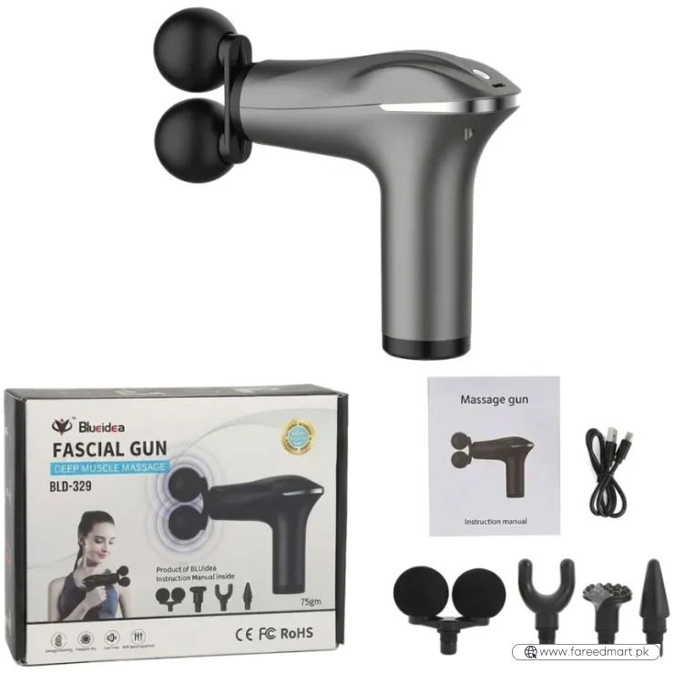 Fascial Tissue Massage Gun | Model BLD-329 | Rechargeable Massage Gun | LCD Display | 4 Massage Heads for Muscle Recovery & Pain Relief