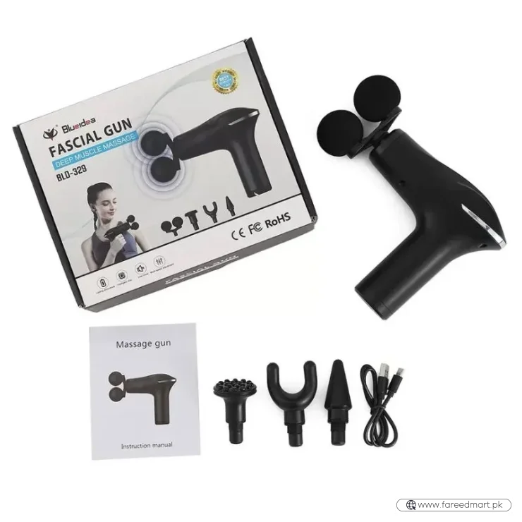 Fascial Tissue Massage Gun | Model BLD-329 | Rechargeable Massage Gun | LCD Display | 4 Massage Heads for Muscle Recovery & Pain Relief