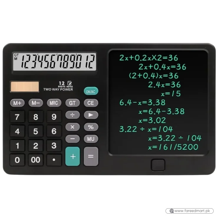 Functional Calculator with LCD Writing Tablet | Model DS-837X | 2-in-1 Digital Calculator & Reusable Notepad | Solar & Battery Powered | Stylus Pen