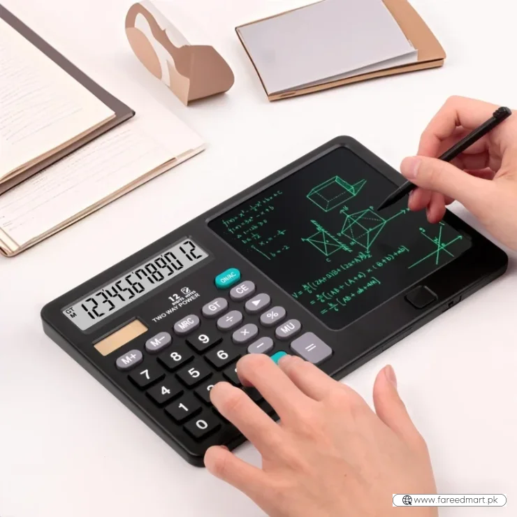 Functional Calculator with LCD Writing Tablet | Model DS-837X | 2-in-1 Digital Calculator & Reusable Notepad | Solar & Battery Powered | Stylus Pen