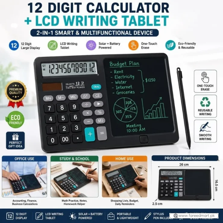 Functional Calculator with LCD Writing Tablet | Model DS-837X | 2-in-1 Digital Calculator & Reusable Notepad | Solar & Battery Powered | Stylus Pen