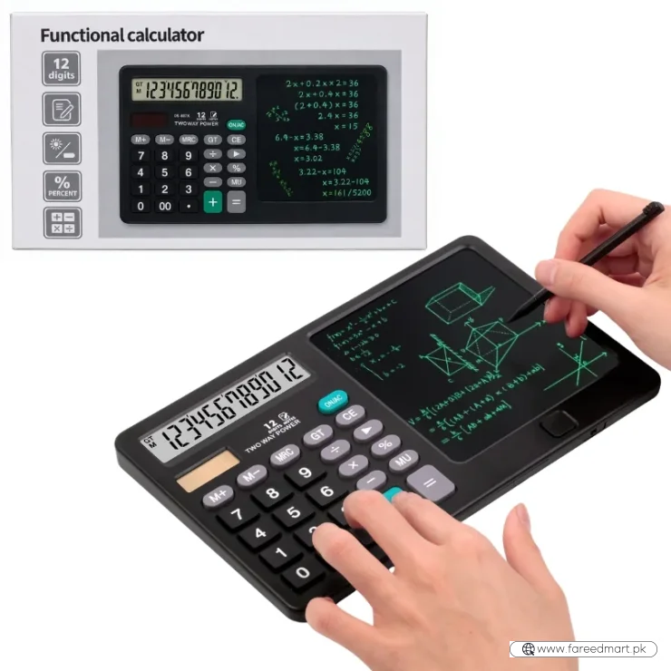 Functional Calculator with LCD Writing Tablet | Model DS-837X | 2-in-1 Digital Calculator & Reusable Notepad | Solar & Battery Powered | Stylus Pen