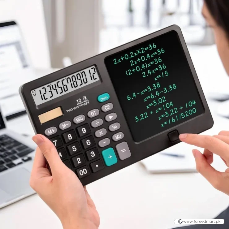 Functional Calculator with LCD Writing Tablet | Model DS-837X | 2-in-1 Digital Calculator & Reusable Notepad | Solar & Battery Powered | Stylus Pen