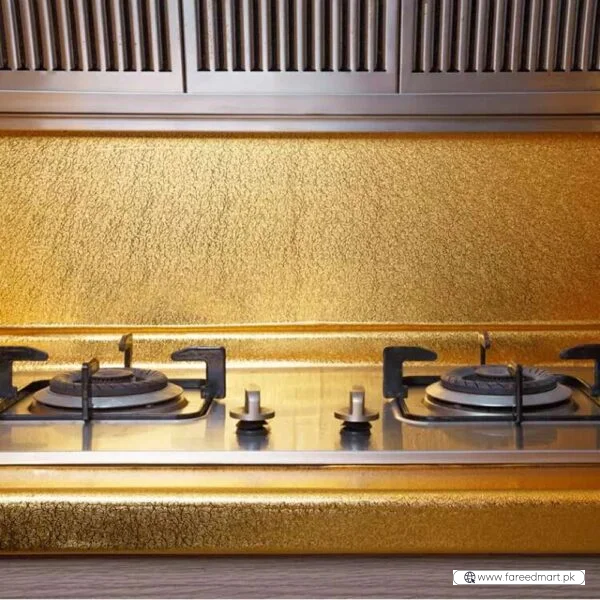Golden Foil Kitchen Wallpaper Sticker | 60×200cm | Peel & Stick Aluminum Foil Wall Covering | Oil-Proof, Waterproof & Heat-Resistant Decor