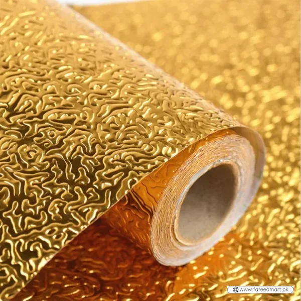 Golden Foil Kitchen Wallpaper Sticker | 60×200cm | Peel & Stick Aluminum Foil Wall Covering | Oil-Proof, Waterproof & Heat-Resistant Decor