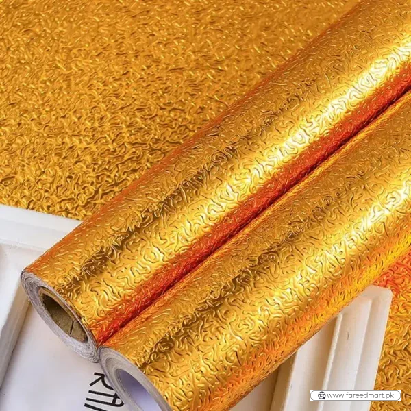 Golden Foil Kitchen Wallpaper Sticker | 60×200cm | Peel & Stick Aluminum Foil Wall Covering | Oil-Proof, Waterproof & Heat-Resistant Decor