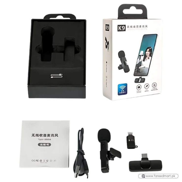 K9 Wireless Lavalier Microphone | Plug & Play Type-C & iOS Mic with Noise Reduction