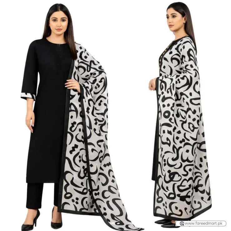 Katan Silk 3-Piece Suit for Women | Unstitched Plain Shirt & Trouser with Heavy Winter Silk Shawl
