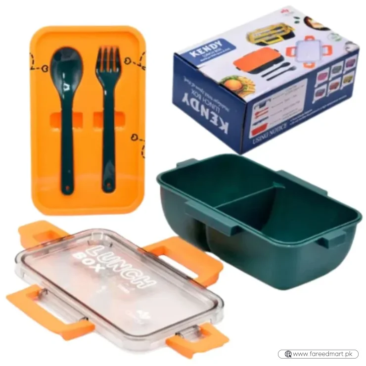 Kendy Lunch Box with Spoon & Fork  | 2-Compartment Portable Tiffin Box for School & Office