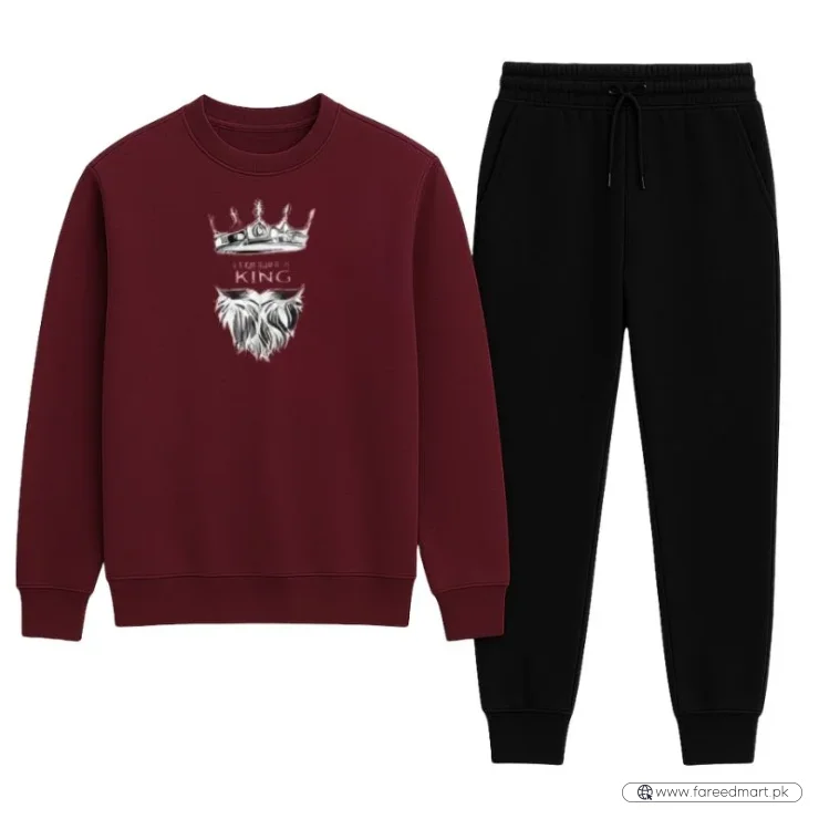 KING Printed Maroon Tracksuit Sweatshirt & Trouser | Warm & Comfortable Winter Wear | XL
