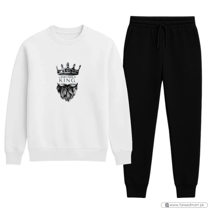KING Printed White Tracksuit Sweatshirt & Trouser | Warm & Comfortable Winter Wear | Large
