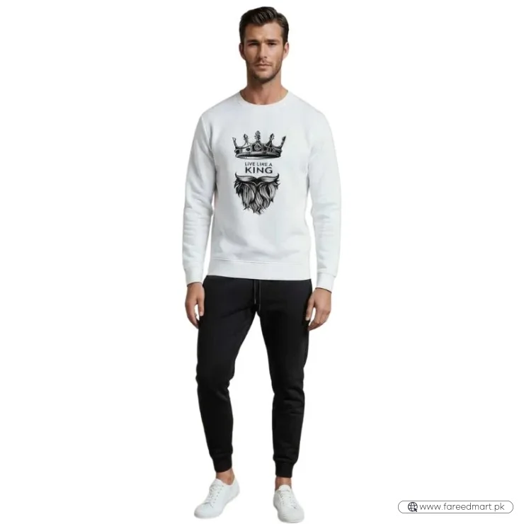 KING Printed White Tracksuit Sweatshirt & Trouser | Warm & Comfortable Winter Wear | Medium