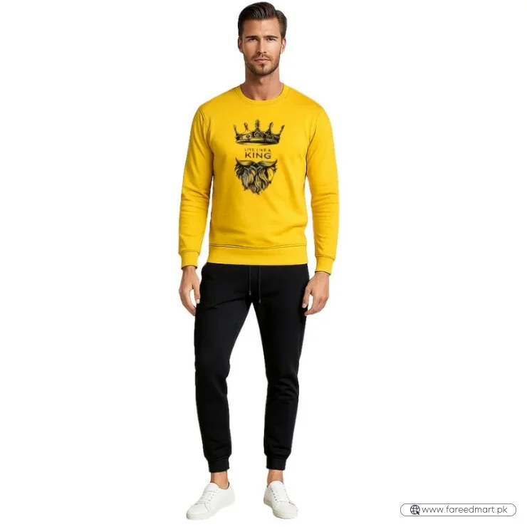 KING Printed Yellow Tracksuit Sweatshirt & Trouser | Warm & Comfortable Winter Wear | Medium