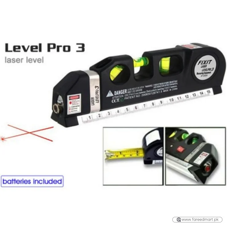 Laser Level Pro3 Multipurpose Tool | Vertical, Cross Line & Measuring Tape with Rulers