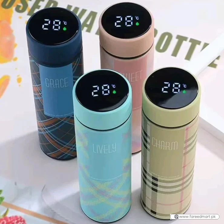 LED Temperature Display Water Bottle | Checkered Design  | Smart Stainless Steel Vacuum 500ml Flask | Random Color