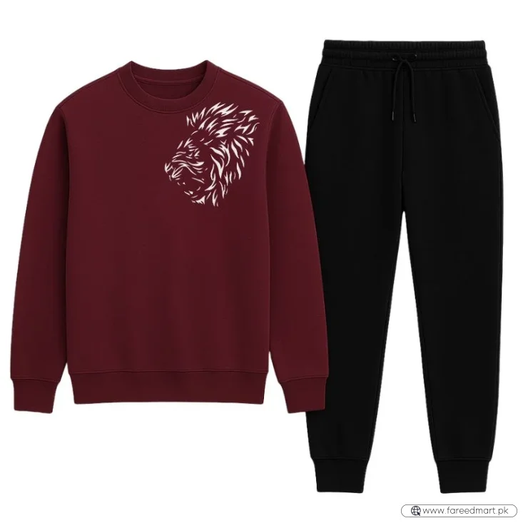 LION Printed Maroon  Tracksuit Sweatshirt & Trouser  | Warm & Comfortable Winter Wear | Medium