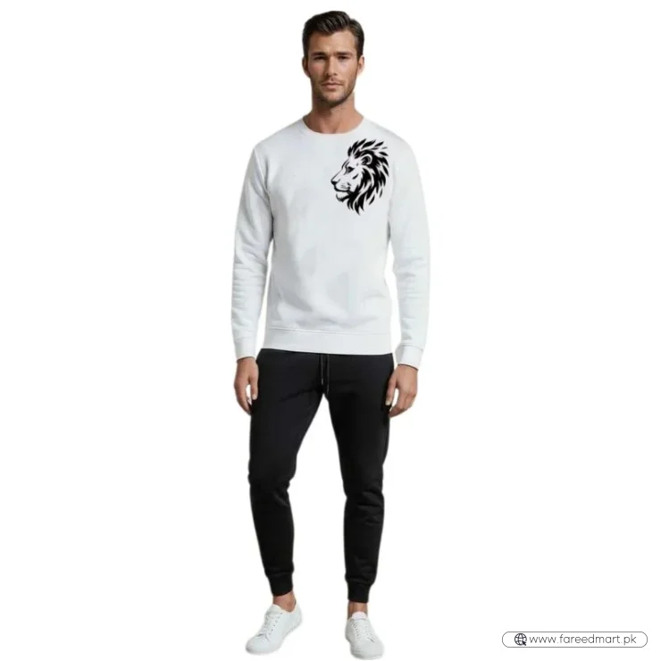 LION Printed White Tracksuit Sweatshirt & Trouser  | Warm & Comfortable Winter Wear | Large