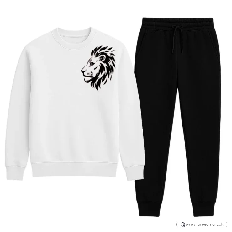 LION Printed White Tracksuit Sweatshirt & Trouser  | Warm & Comfortable Winter Wear | Medium