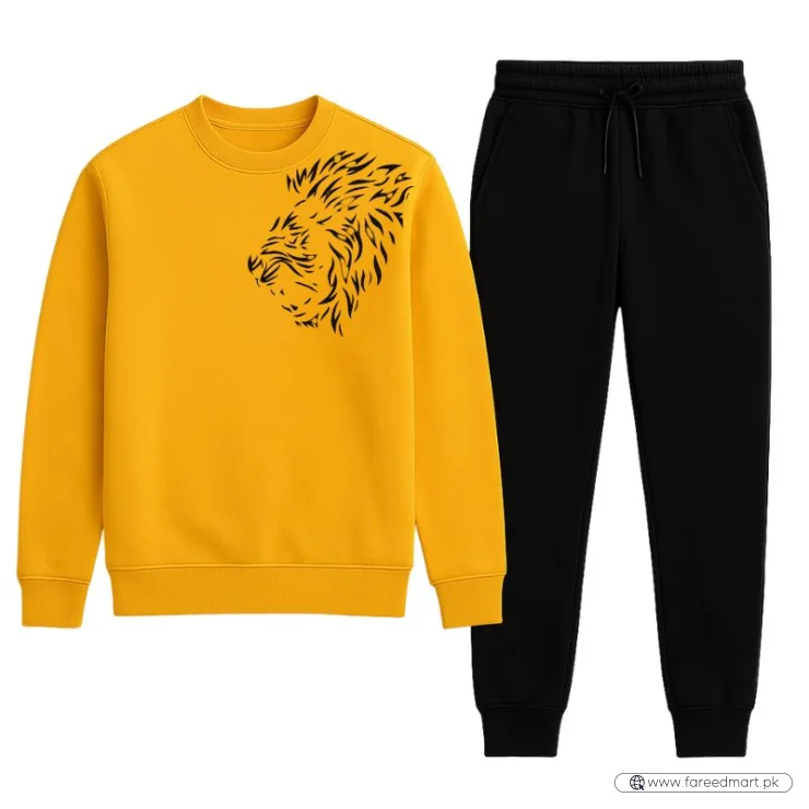 LION Printed Yellow Tracksuit Sweatshirt & Trouser  | Warm & Comfortable Winter Wear | XL