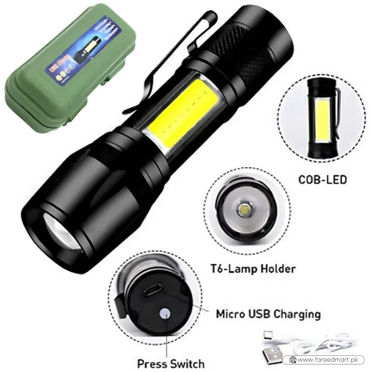 Metal COB Flashlight Torch  | Mini Rechargeable LED Work Light & Waterproof Emergency Penlight