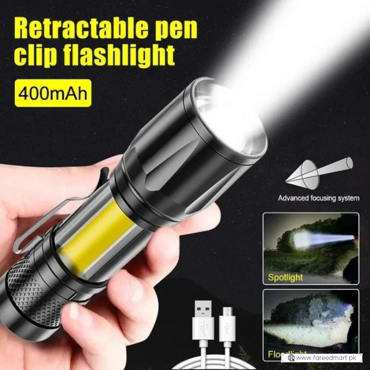 Metal COB Flashlight Torch  | Mini Rechargeable LED Work Light & Waterproof Emergency Penlight
