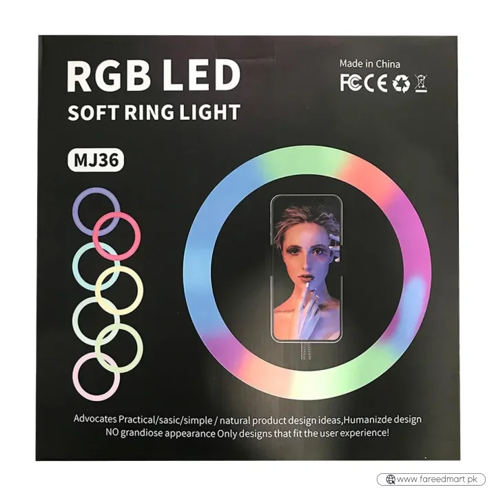 MJ36 RGB LED Ring Light 36cm with 16 Colors, Brightness Control & Phone Holder