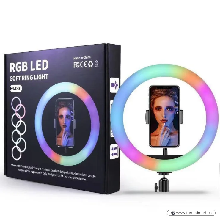 MJ36 RGB LED Ring Light 36cm with 16 Colors, Brightness Control & Phone Holder