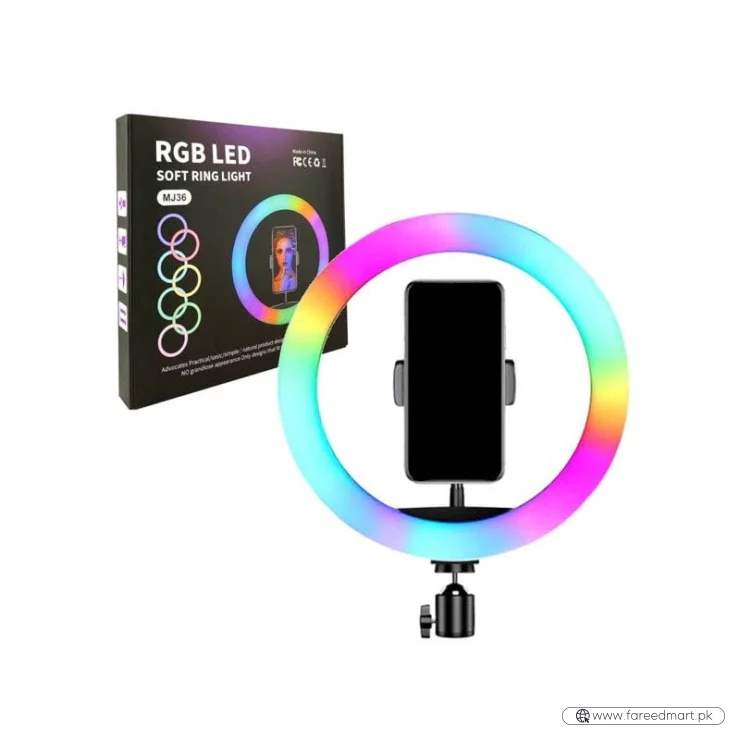 MJ36 RGB LED Ring Light 36cm with 16 Colors, Brightness Control & Phone Holder