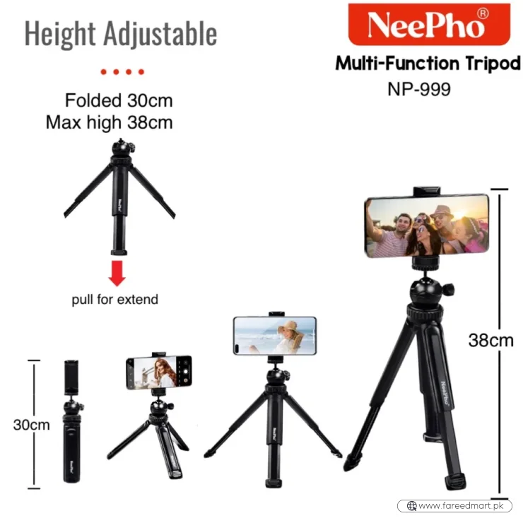 Nepho NP-999 2-in-1 Tripod & Extendable Selfie Stick | Adjustable Height, Universal Smartphone & Camera Mount |  Portable Photography Stand