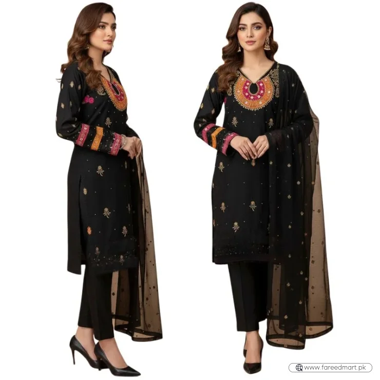 Organza 3-Piece Suit for Women | Unstitched  Handmade Aari Zari & Beads Work