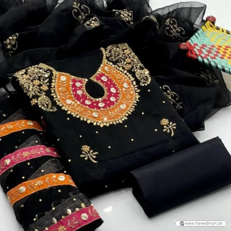 Organza 3-Piece Suit for Women | Unstitched  Handmade Aari Zari & Beads Work